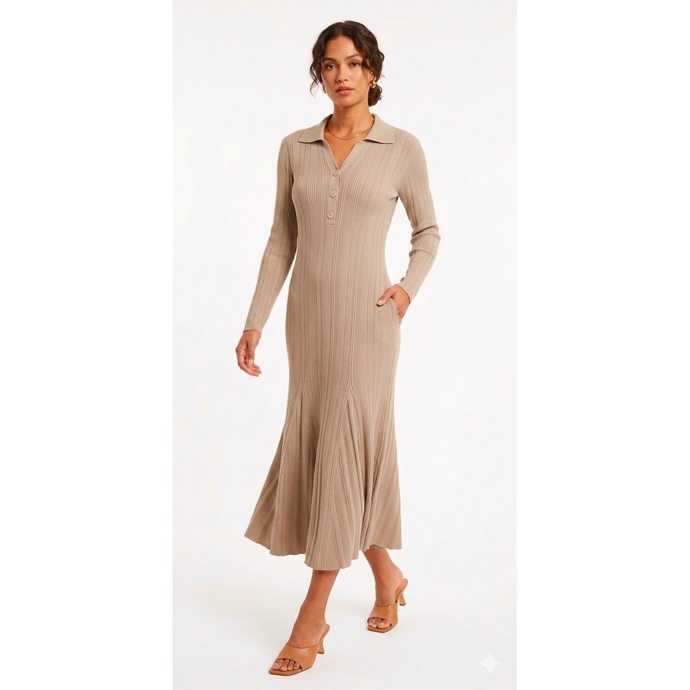 Julian Jordan Sweater Dress in Taupe Size XL Collared Long Sleeve Ribbed